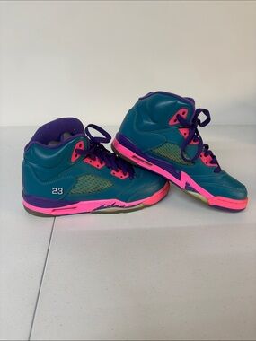 Jordan Kids Teal and Hot Pink High-Top Sneakers with Purple Accents